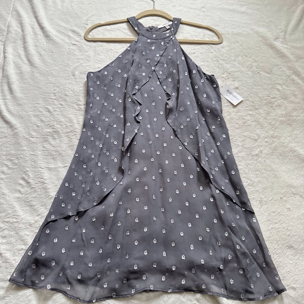 Lavender Brown (Brand) Gray & Silver Halter Ruffle Mini Dot Dress